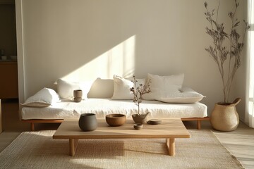 A perfectly balanced Muji living space with asymmetrically placed pottery, a minimalist wooden coffee table, and a linen-upholstered sofa.