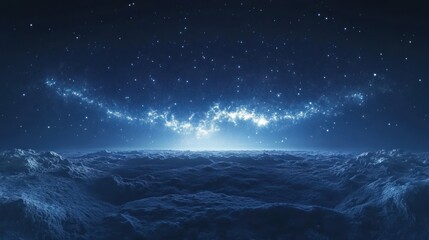 Fototapeta premium Alien planet sunrise, starry sky, cloudscape, fantasy landscape, science fiction