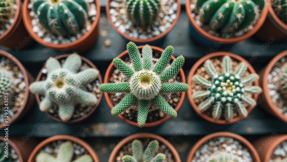 Poster aerial view of diverse cacti in pots with empty space for text display, perfect for nature and garde