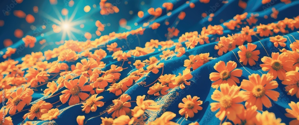 Poster sunlit towel adorned with vibrant orange flowers creating a dynamic diagonal composition under a bri