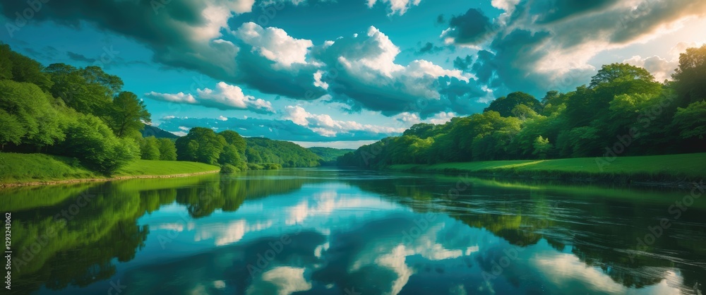 Poster serene river reflecting lush greenery and dramatic clouds under a clear sky with ample space for tex