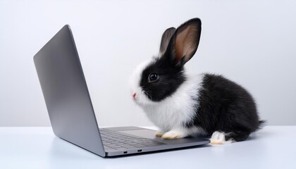 Playful Baby Rabbit Discovering a Digital World on a Laptop, Set Against an Isolated White Backdrop, Conveying Curiosity and Connection in a Surreal Scene.