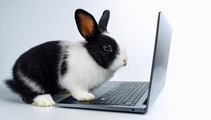 Cute Baby Rabbit Learning on a Laptop, Set Against an Isolated White Backdrop, With Playful Fur and Bright Eyes Conveying Intellectual Curiosity
