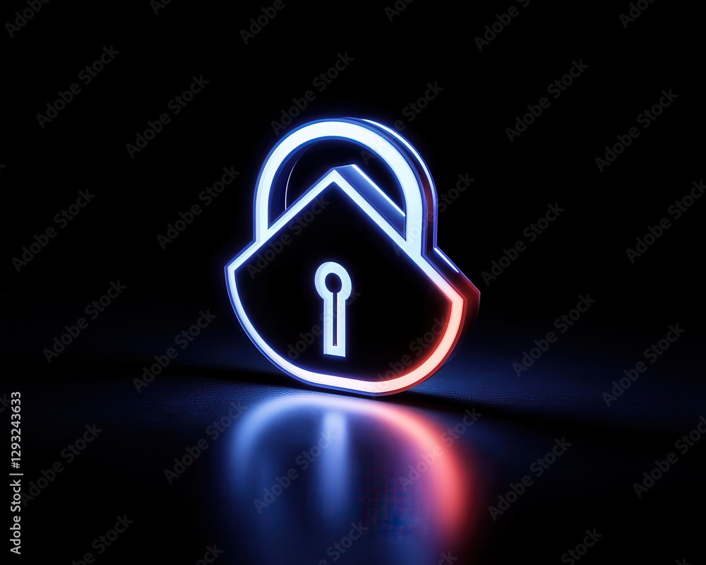 Poster neon lock icon symbolizing security and privacy in modern digital environments.