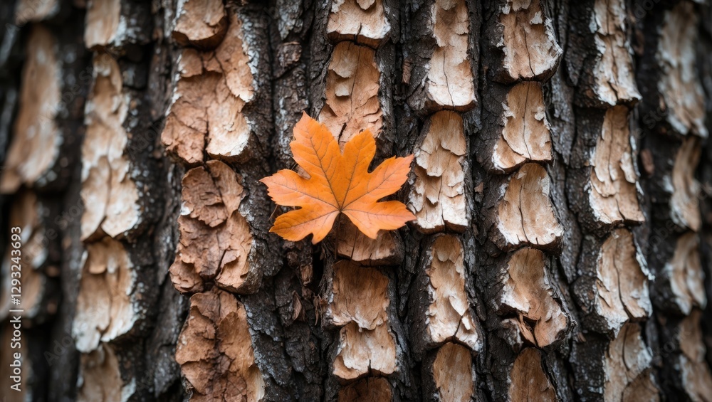 Poster autumn leaf on textured tree bark creating a natural background for design and nature-themed project