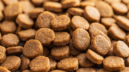 High-quality grain-free dog food kibble in a pile on a white background