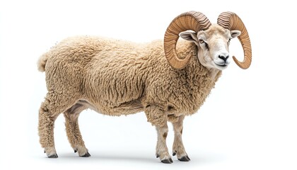 Fototapeta premium Ram with curled horns, standing on a white background, studio lighting, detailed texture