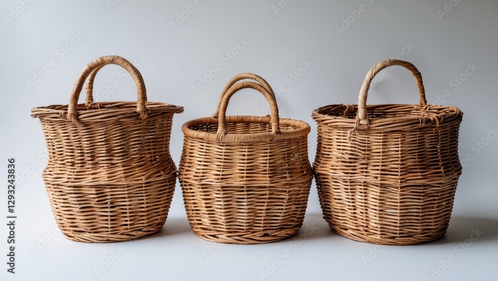 Poster elegant set of three wicker rattan baskets on a white background with ample space for text and creat