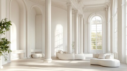 Elegant White Classic Interior Design, Sunlit Columns, Large Windows