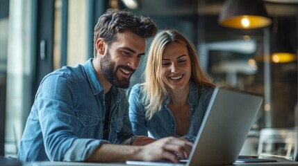 Two coworkers, a man and a woman, collaborate on a laptop. They're focused and smiling in a modern office setting.