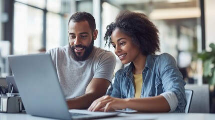 Two coworkers, a man and a woman, collaborate on a laptop. They're focused and smiling in a modern office setting.