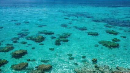 Obraz premium Serene turquoise sea with clear water and visible rocks perfect for swimming and snorkeling in a tropical paradise.