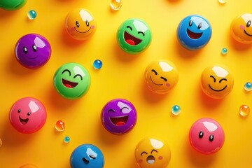 A lively digital wallpaper filled with colorful, glowing emoticons expressing joy, laughter, and happiness on a bright yellow background.