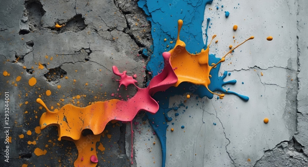 Poster vibrant paint splatters on a textured concrete wall creating an abstract and artistic background wit