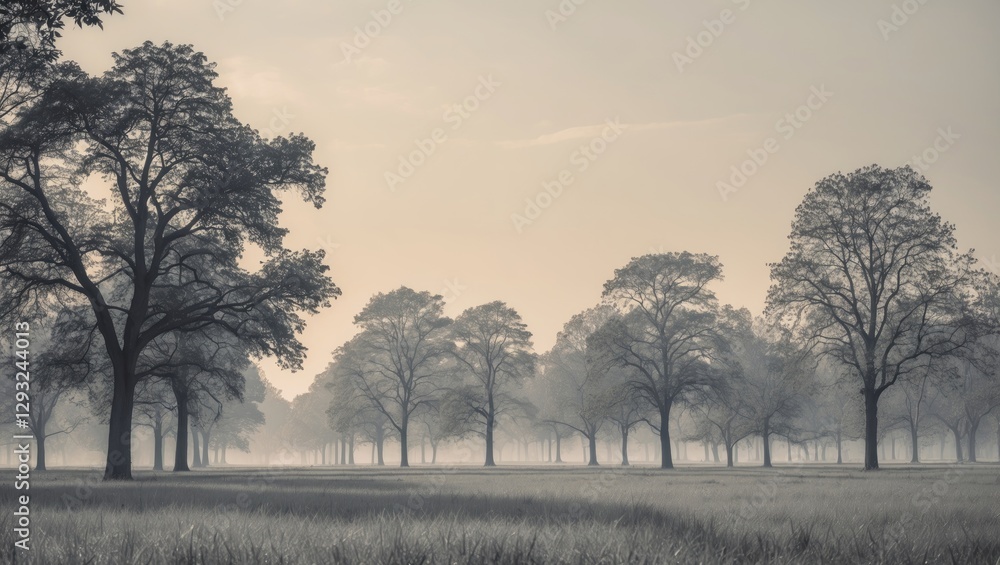 Poster mist-covered trees on the horizon creating a serene landscape under soft light at dawn highlighting 