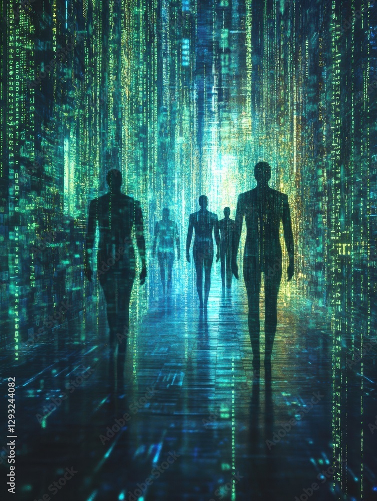 Poster Futuristic digital realm with human silhouettes and floating matrix code in a cybernetic landscape. Generative AI