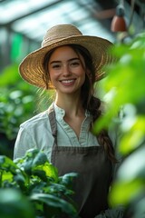 Smiling woman in a sunhat and apron standing in a greenhouse filled with plants, radiating contentment