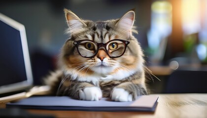 Playful feline donning glasses, posing as a diligent office worker in a quirky setting, surrounded by modern decor and vivid pops of color, evoking a charming yet humorous atmosphere.