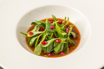 Purslane salad with olive oil and pomegranate in a white porcelain plate