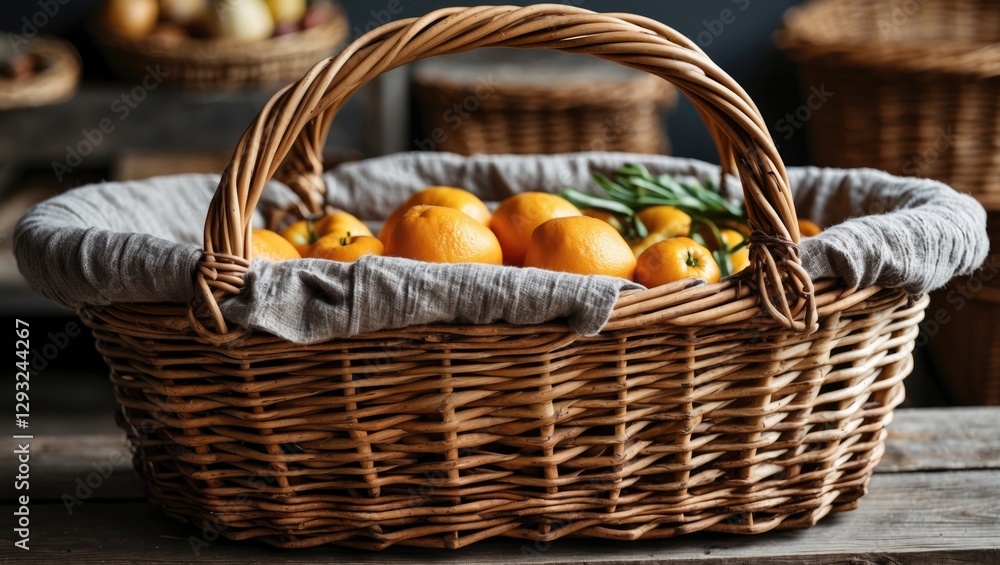 Poster Wicker basket filled with fresh oranges and green onions on rustic wooden table with empty space for text or branding.