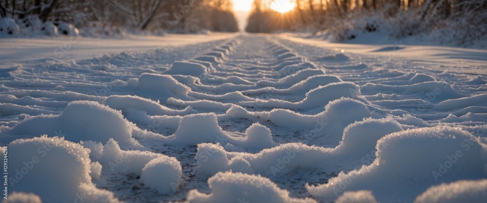 Poster Tracks in Fresh Snow at Twilight with Empty Copy Space for Text Overlay and Warm Sunset Glow in the Background