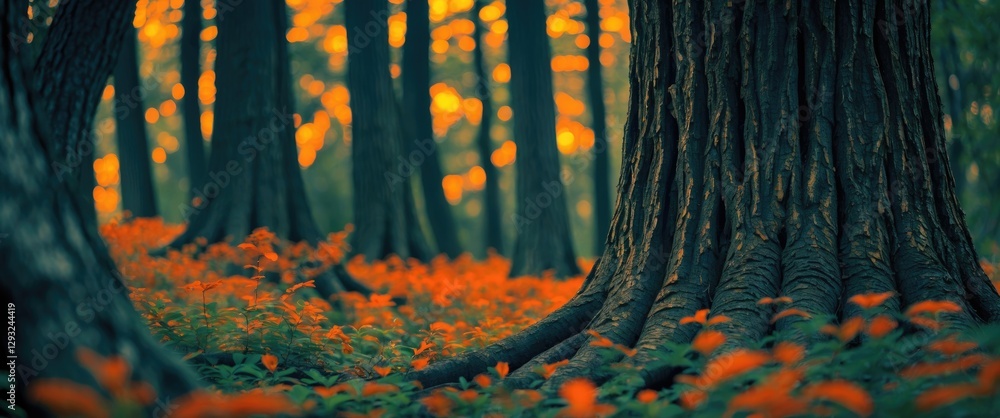 Aufkleber majestic tree trunk in a vibrant forest setting with orange flowers and enchanting sunlight filterin