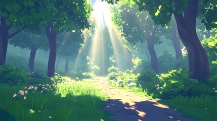 A Sunlit Path Winding Through a Lush Forest with Tall Trees and Vibrant Green Undergrowth, Featuring Beams of Light Filtering Through the Canopy, Creating a Magical and Serene Scene.



