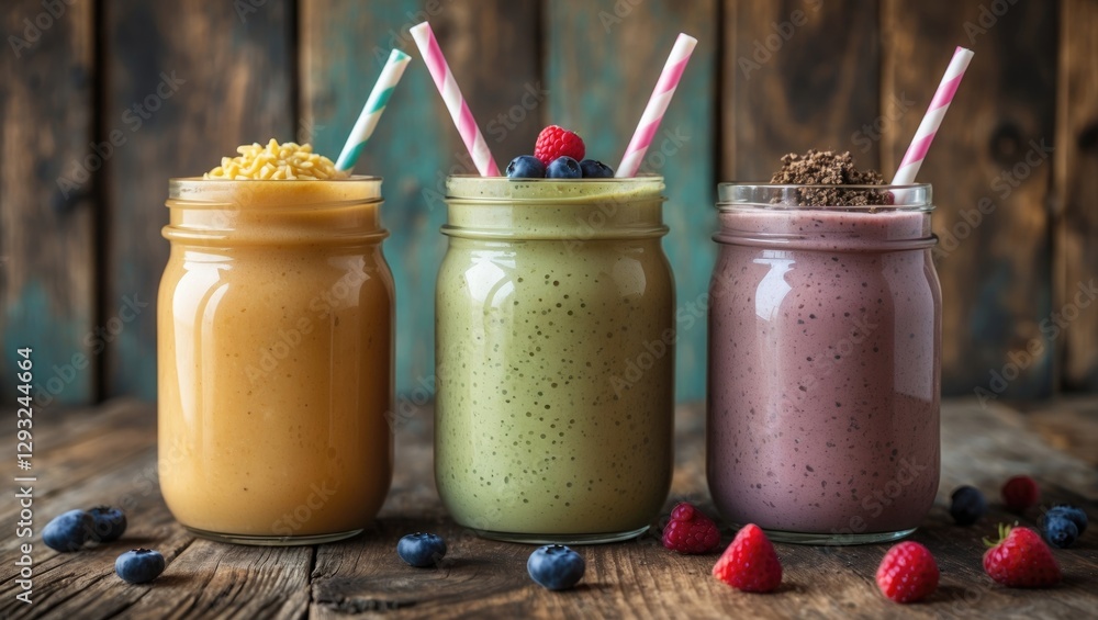 Poster three colorful smoothies in glass jars on rustic wooden table with strawberries and blueberries agai