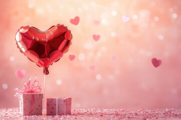 A love-filled image with a heart-shaped balloon, delicate gift box, and soft pink background to capture the warmth of Valentineâ€™s Day.