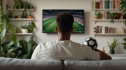 Man Watching Football Match on Television while Holding Soccer Ball