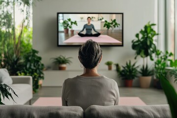 Woman Practicing Yoga at Home with Plant Decor and Television Screen
