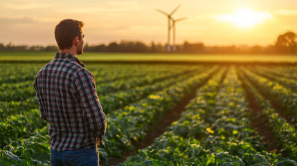 Fototapeta premium Man Admiring Wind Turbines in a Rural Landscape