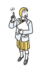 シンプル　イラスト　笑顔で上を指差す女子高生の全身