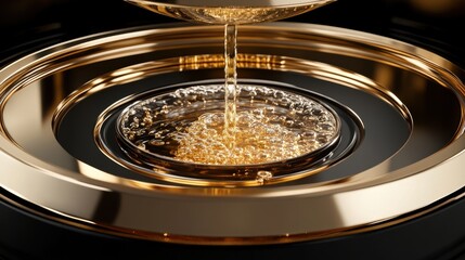 Liquid Gold Pouring into a Circular Plate with Bubbles and Shine