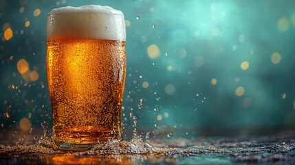 Cold foamy beer in a tall glass with splashes and bokeh lights, refreshing beverage concept