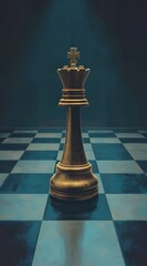 Majestic Chess King Piece with Crown on Blue Checkered Board