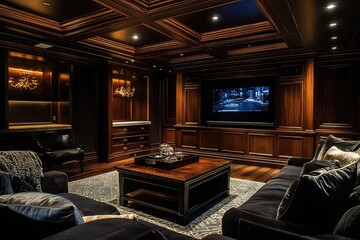 Fototapeta premium A luxurious, moody-toned living space featuring dark wooden elements, ambient lighting, and a sleek TV setup.