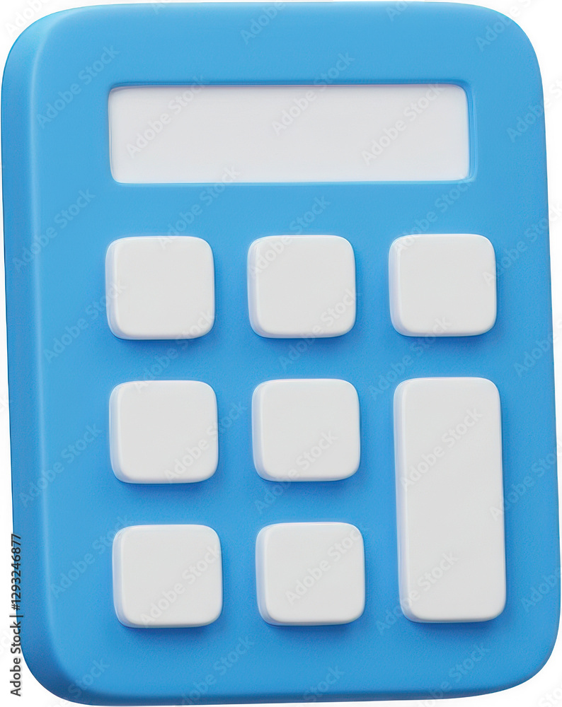 Poster 3d render of a cute blue calculator with white buttons perfect for app icons website design and