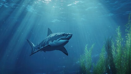 Great White Shark Swims Gracefully Through Ocean Depths, Sunlight Filters Through Water, Aquatic Plants Surround Predator