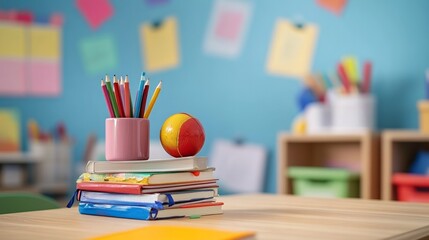 Neat stack of school books on a wooden desk, symbolizing focus and organized learning.