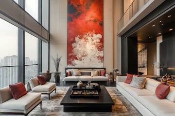 A luxurious penthouse living room with high ceilings, modern furniture, and an artistic statement wall.