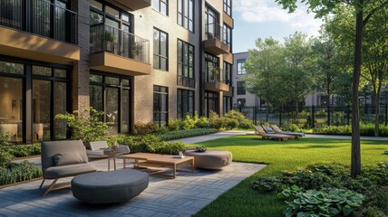 Modern apartment complex featuring a stylish outdoor communal seating area for relaxation and socializing.