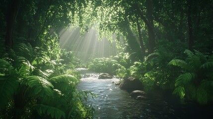 A Clear Stream Flowing Through a Dense, Lush Green Forest with Sunlight Beams Cutting Through the Canopy, Illuminating the Water and Vegetation.

