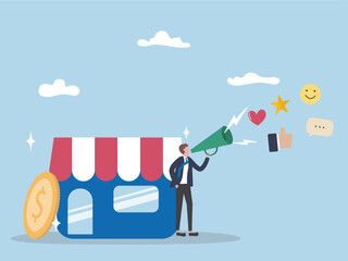 Shop success from review rate heart like smile and star. Concept of Business advertising, social media engagement, success investment, profits income increase from technology flat vector illustration.