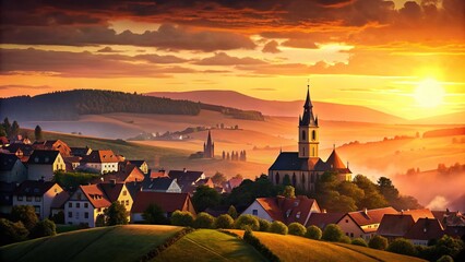 Obraz premium Panoramic Silhouette: Alsatian Village Wihr-au-Val at Sunset