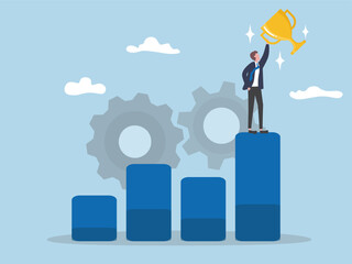 Businessman standing at the top of graph and holding trophy. Concept of career success, good strategy to growth, winning high return investment, profits, income increase, flat vector illustration.