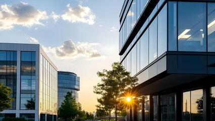 A sunset view behind modern glass buildings with reflections and greenery, creating a tranquil urban atmosphere. Concept Sunset Reflection, Urban Serenity, Modern Architecture, Greenery Integration