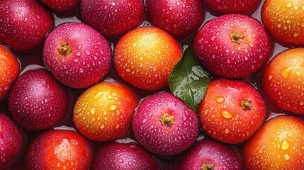 Colorful fruits with water droplets, top view
