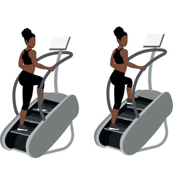 A Black African woman in black clothing doing doube steps on stairmaster exercise. Flat vector illustration isolated on white background	