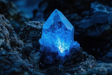 Obraz premium Radiant Blue Crystal Stone Glowing on Dark Rocky Surface